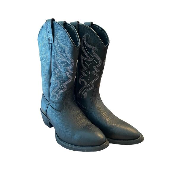 Justin Boots Western Buck Pull-On Cowboy Boots Round Toe Black Leather Mens 9.5 - Picture 8 of 13